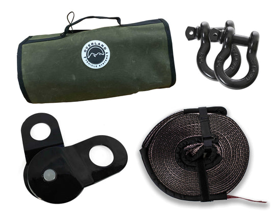 OVS Recovery Wrap Combo Kit Including 30' 20,000 Lb Rated Tow Strap, Pair Of Black D-Rings, Snatch Block And Canvas Bag