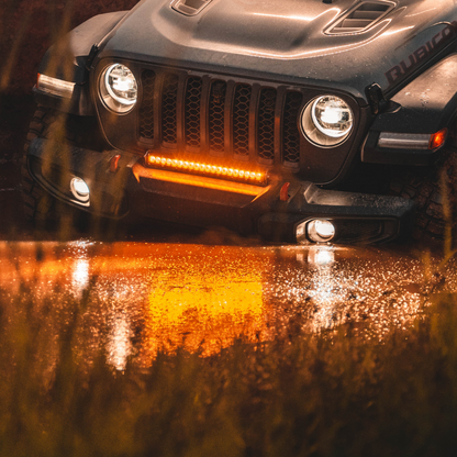 heretics 20 inch amber led light bar mounted on a jeep rubicon